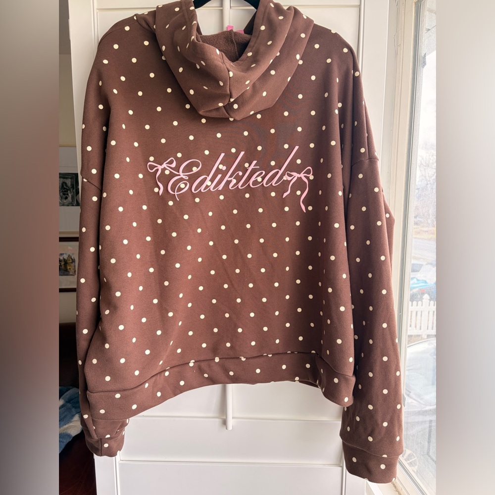 Edikted Brown Polka Dot Hoodie Sweater with Cream Dots - Picture 5 of 11